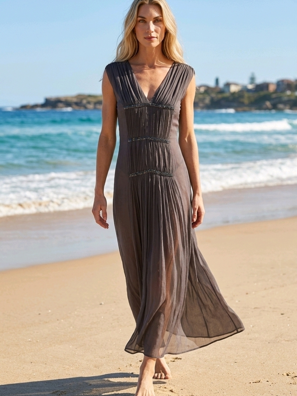 Zara Taupe V-Neck Pleated Maxi Dress